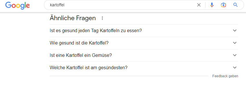 Fragen, die Google zu Kartoffeln anzeigt. Wie viele Kartoffeln darf man am Tag essen etc