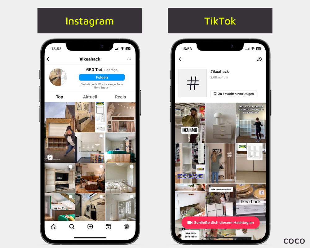 Vergleich der Hashtag-Seiten von Instagram und TikTok zu #ikeahacks
